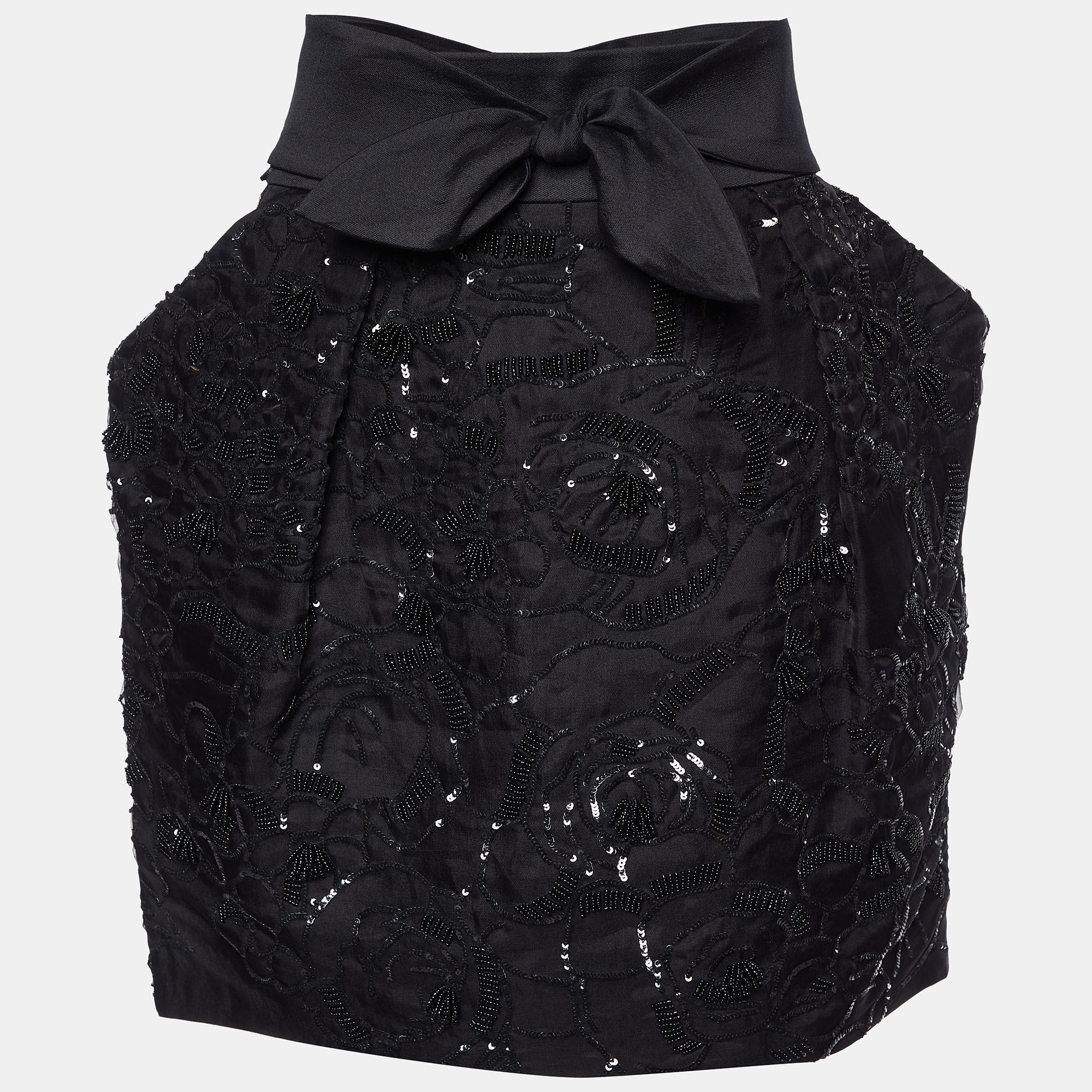 Pre-owned Stella Mccartney Black Embellished Silk Bow Tie Detail Mini Skirt L