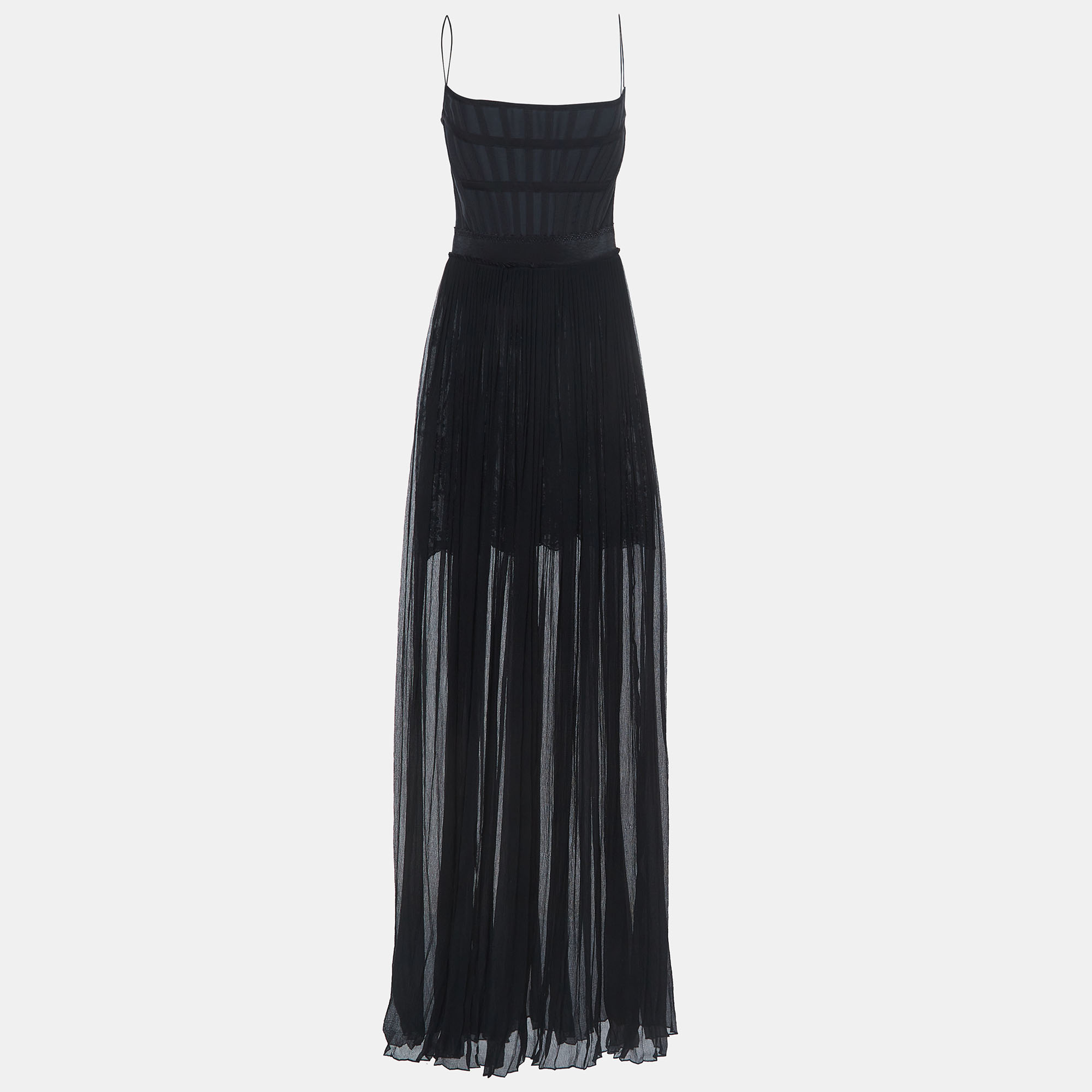 Pre-owned Stella Mccartney Black Silk Pleated Sheer Corset Gown M