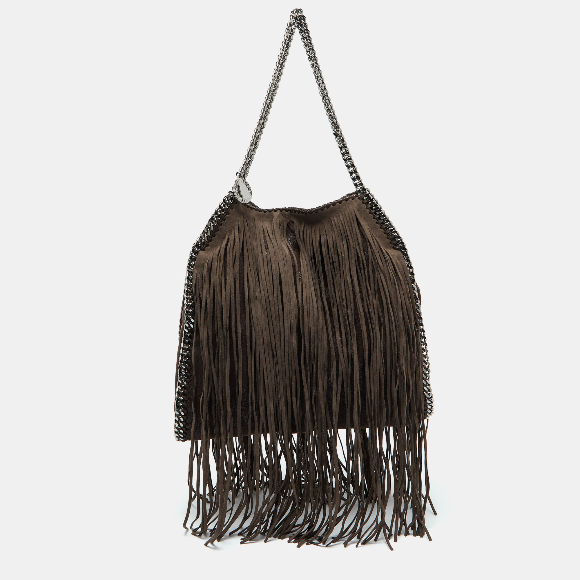 

Stella McCartney Dark Brown Faux Suede Fringe Small Falabella Tote