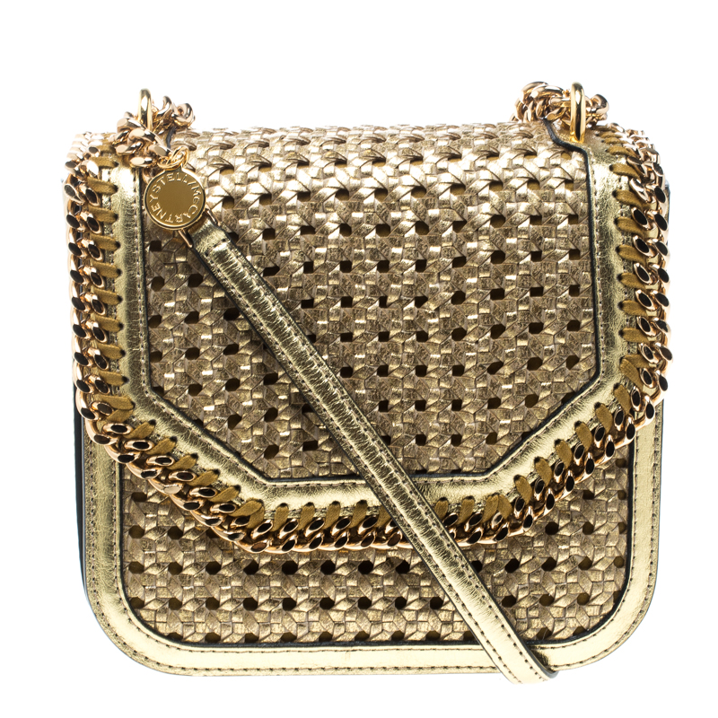Pre Owned Stella McCartney Metallic Gold Wicker Faux Leather Medium Falabella Box Shoulder Bag  