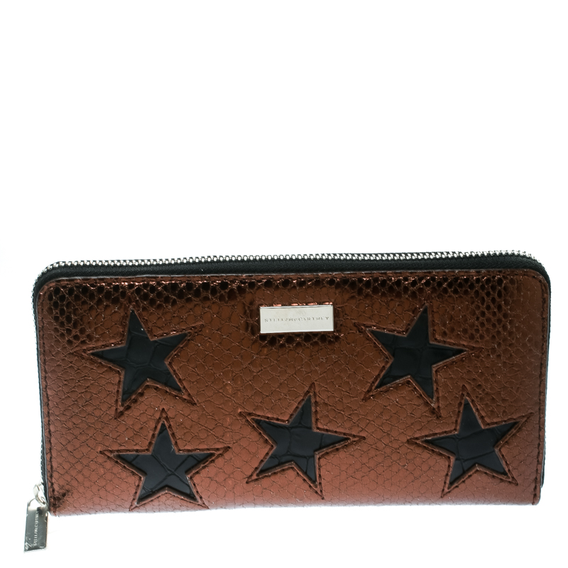 Pre Owned Stella McCartney Metallic Brown Faux Leather Stars Zip Around Wallet