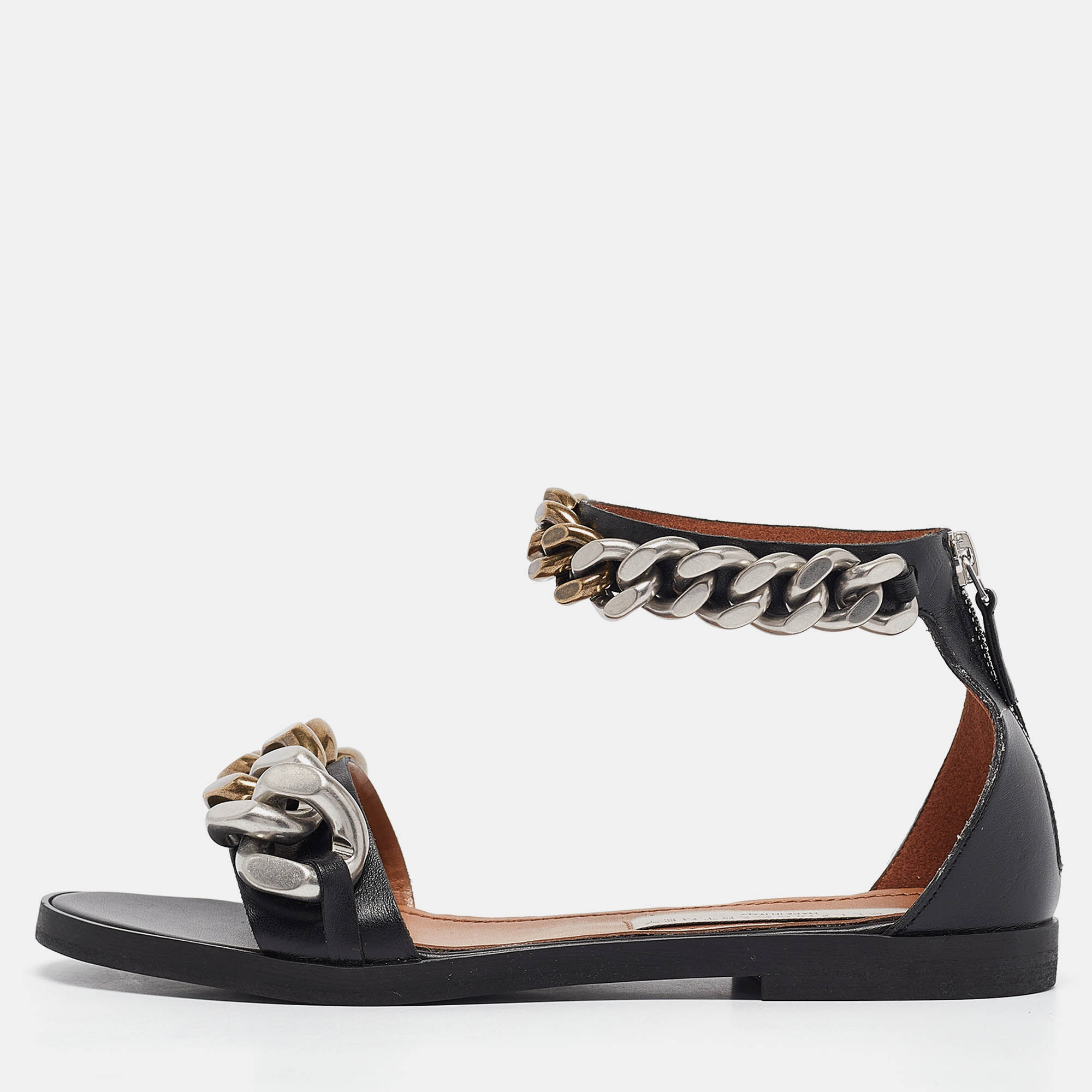 

Stella McCartney Black Leather Ankle Strap Flat Sandals Size