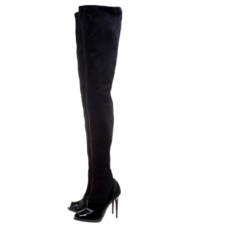 Stella McCartney Black Faux Suede Thigh High Peep Toe Boots Size 40 ...