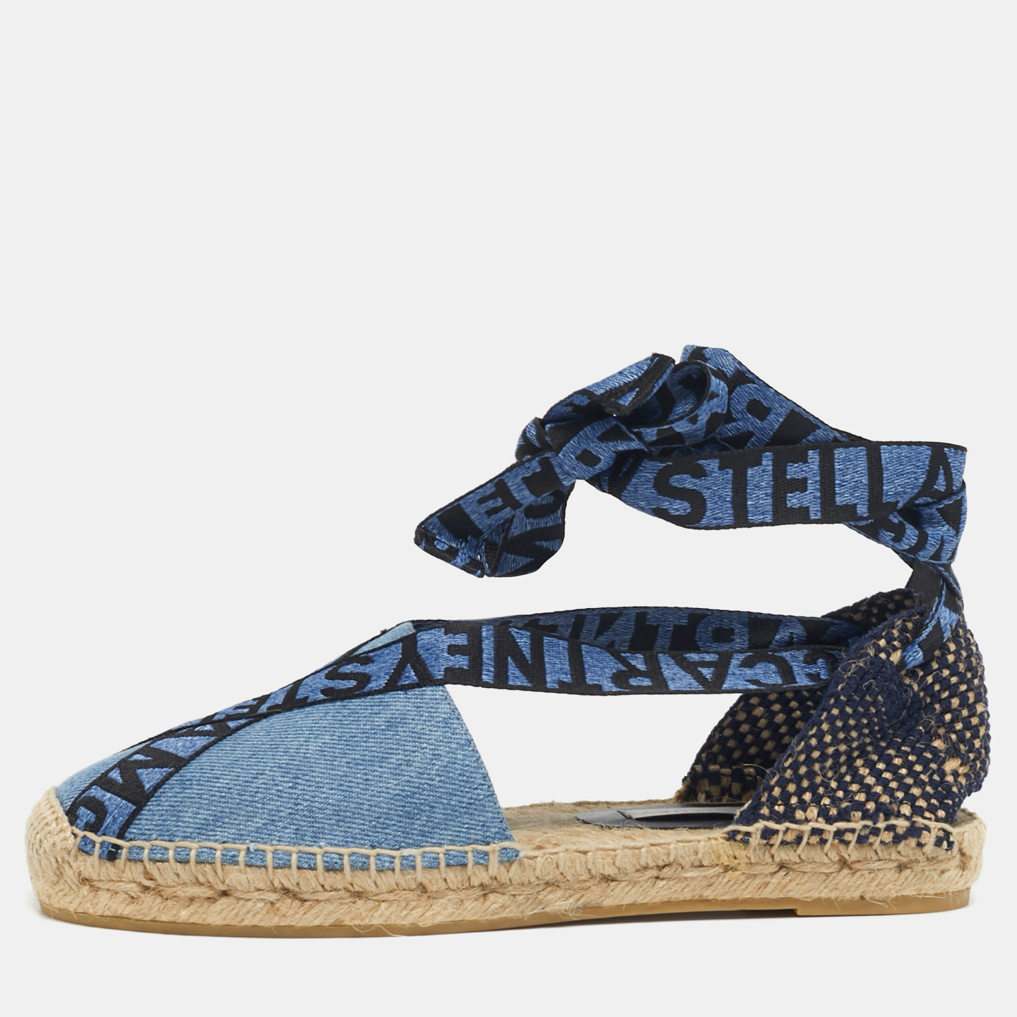 

Stella McCartney Gaia Size  Blue/Black Denim and Fabric Ankle Tie Espadrille Flats