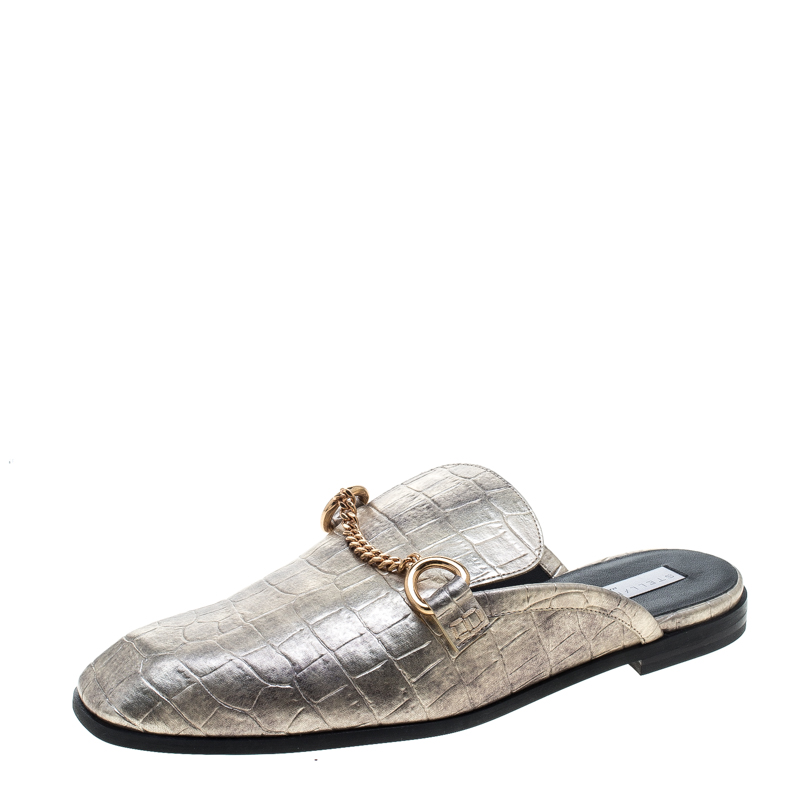 Stella McCartney Metallic Gold Faux Croc Embossed Leather Chain Trim Flat Slides Size 37