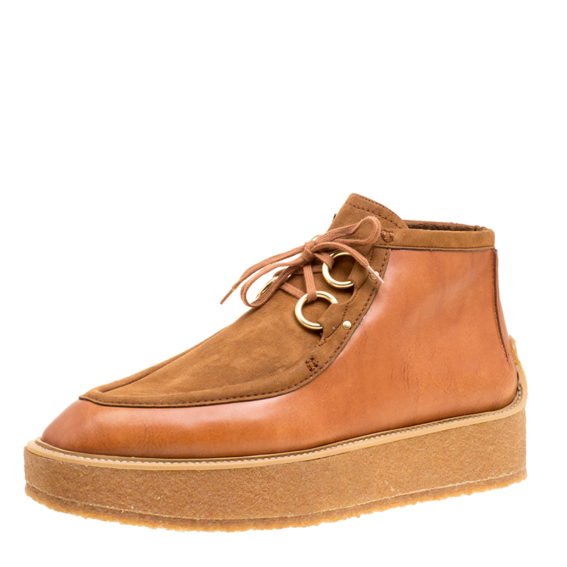 Pre Owned Stella McCartney Brown Faux Suede and Leather High Clipper Platform Ankle Boots Size 39.5