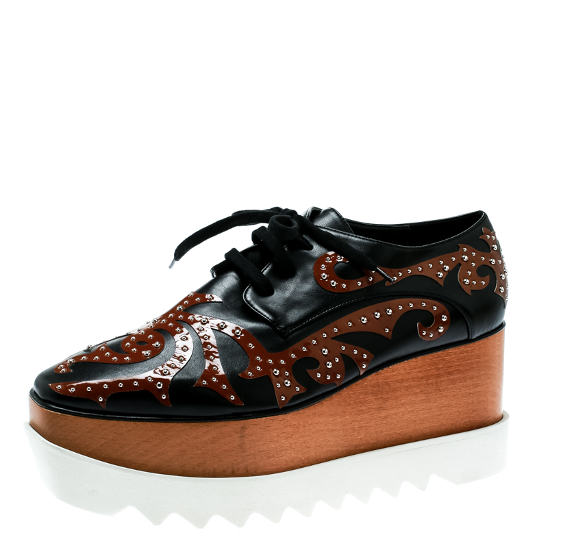 Pre Owned Stella McCartney Black/Brown Studded Appliquéd Faux Leather Platform Lace Up Derby Size 39.5