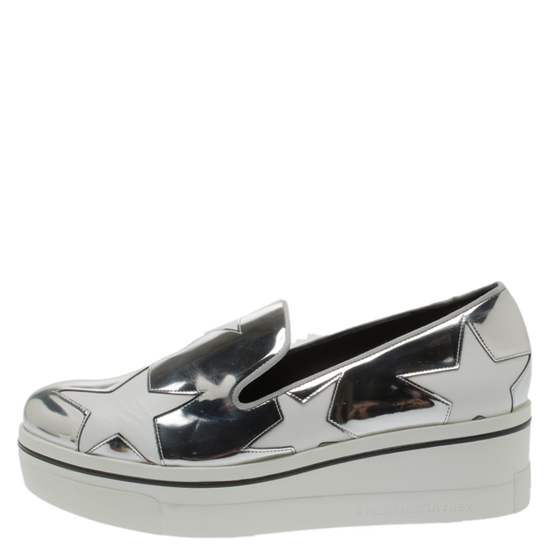 

Stella McCartney Metallic Silver Faux Leather Binx Star Platform Slip On Sneakers Size