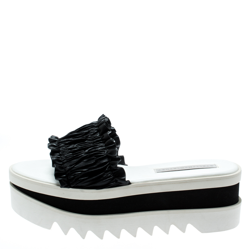 

Stella McCartney Black Ruffle Faux Leather Platform Slide Sandals Size