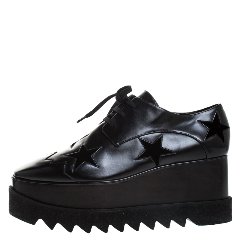 

Stella McCartney Black Faux Leather And Velvet Elyse Star Platform Lace Up Booties Size