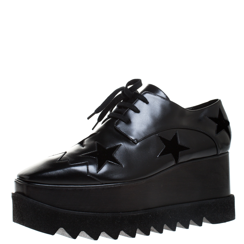 Pre Owned Stella McCartney Black Faux Leather And Velvet Elyse Star Platform Lace Up Booties Size 40