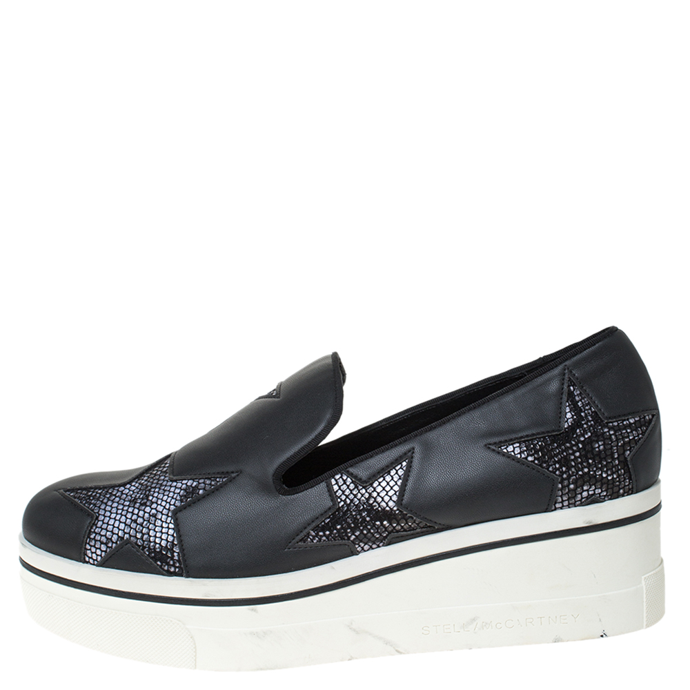 

Stella McCartney Black Faux Leather Star Platform Slip On Sneakers Size