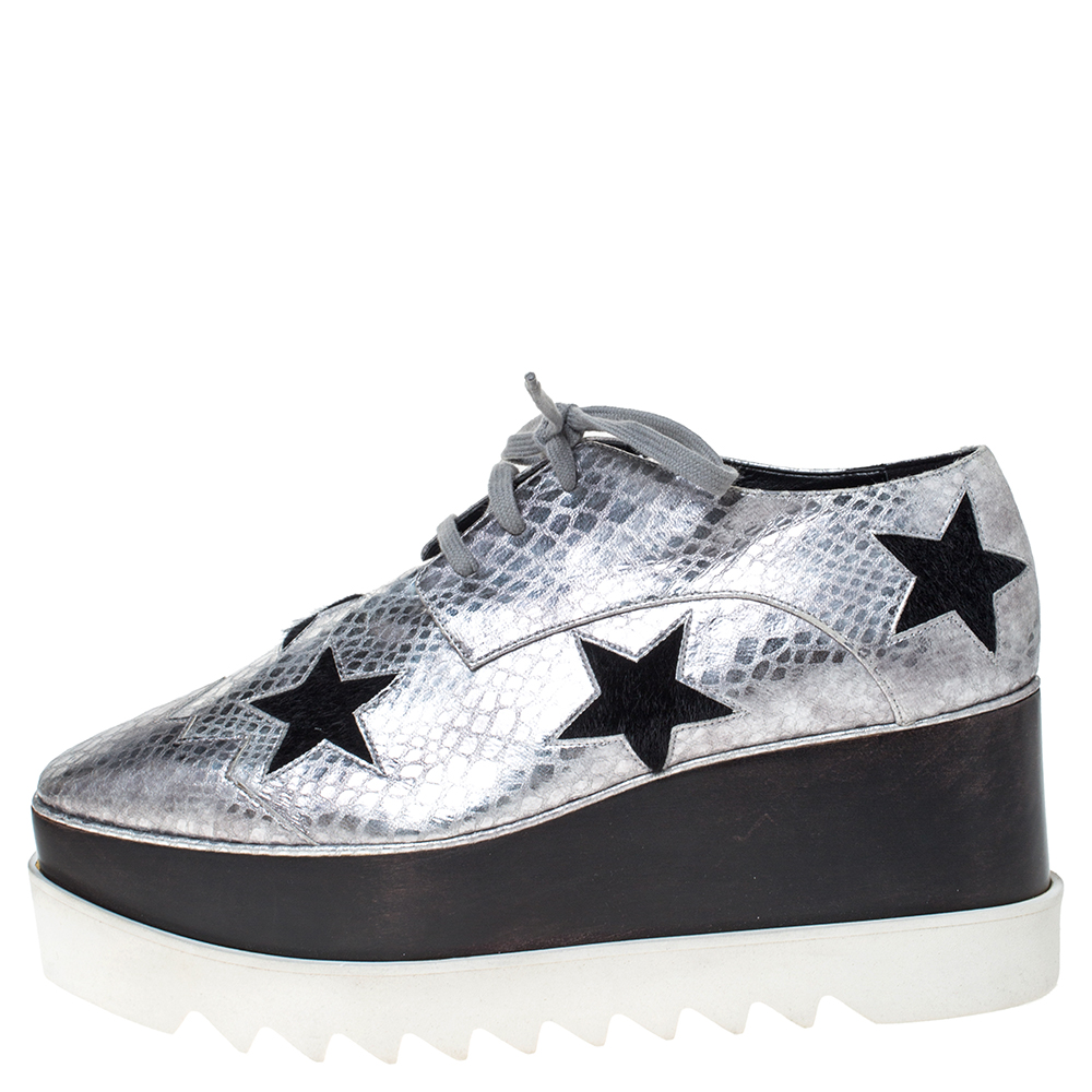 

Stella McCartney Metallic Silver Python Effect Faux Leather And Faux Fur Elyse Star Platform Derby Size