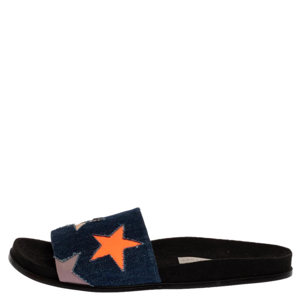 

Stella McCartney Blue Denim Fabric Star Flat Slides Size