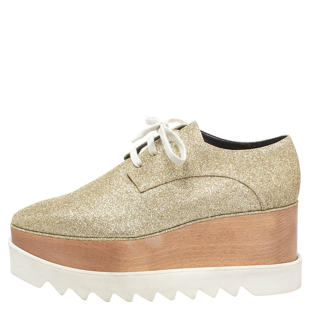 

Stella McCartney Metallic Gold Glitter Elyse Platform Derby Sneakers Size