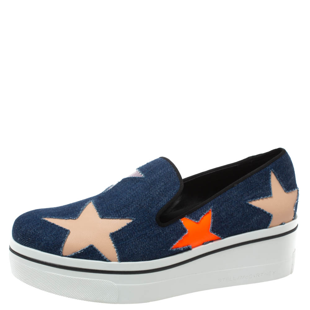 Pre-owned Stella Mccartney Blue Denim Binx Star Platform Slip On Sneakers Size 40
