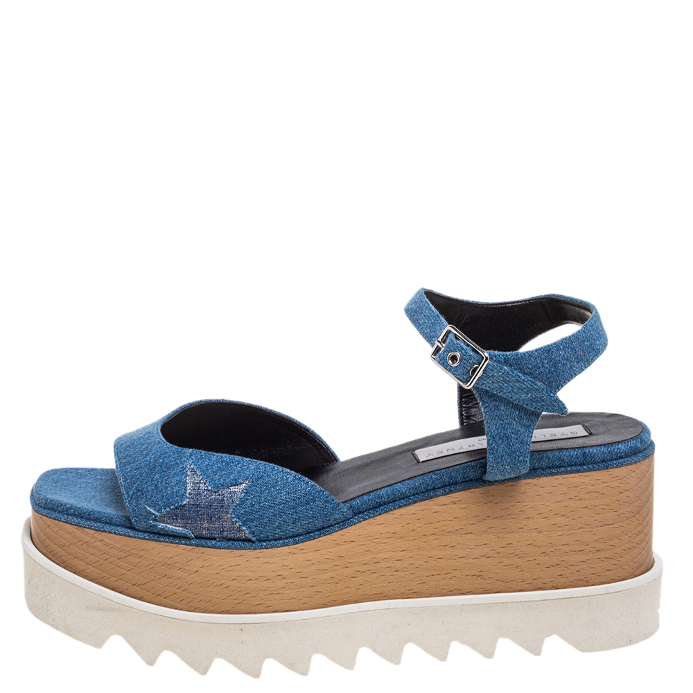 

Stella McCartney Blue Denim Elyse Platform Ankle Strap Sandals Size