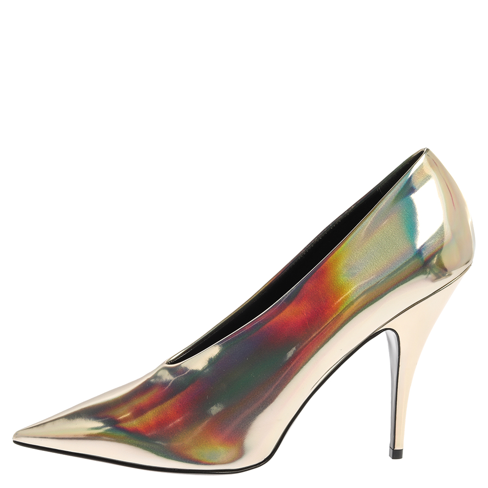 

Stella McCartney Holographic Gold Faux Glossy Leather V Neck Pointed Toe Pumps Size