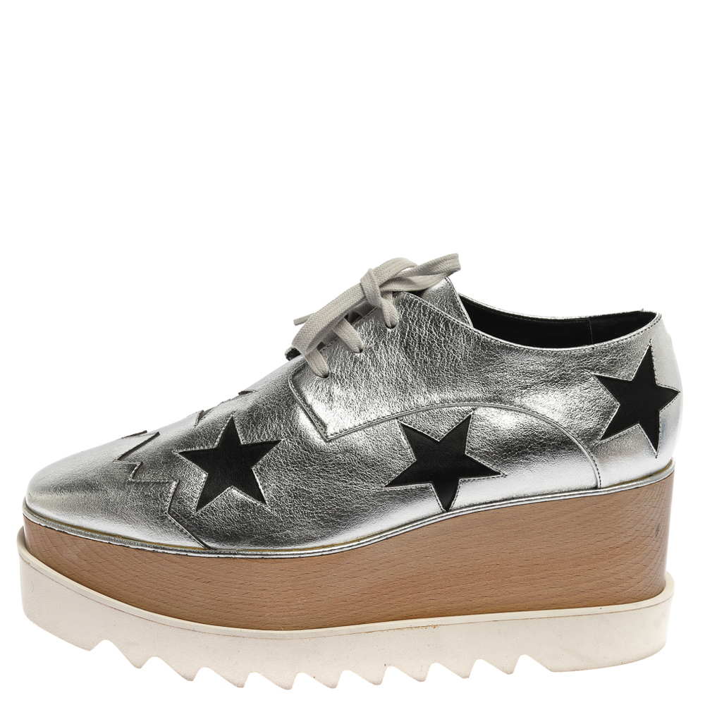 

Stella McCartney Silver/Black Faux Leather Elyse Star Platform Derby Size