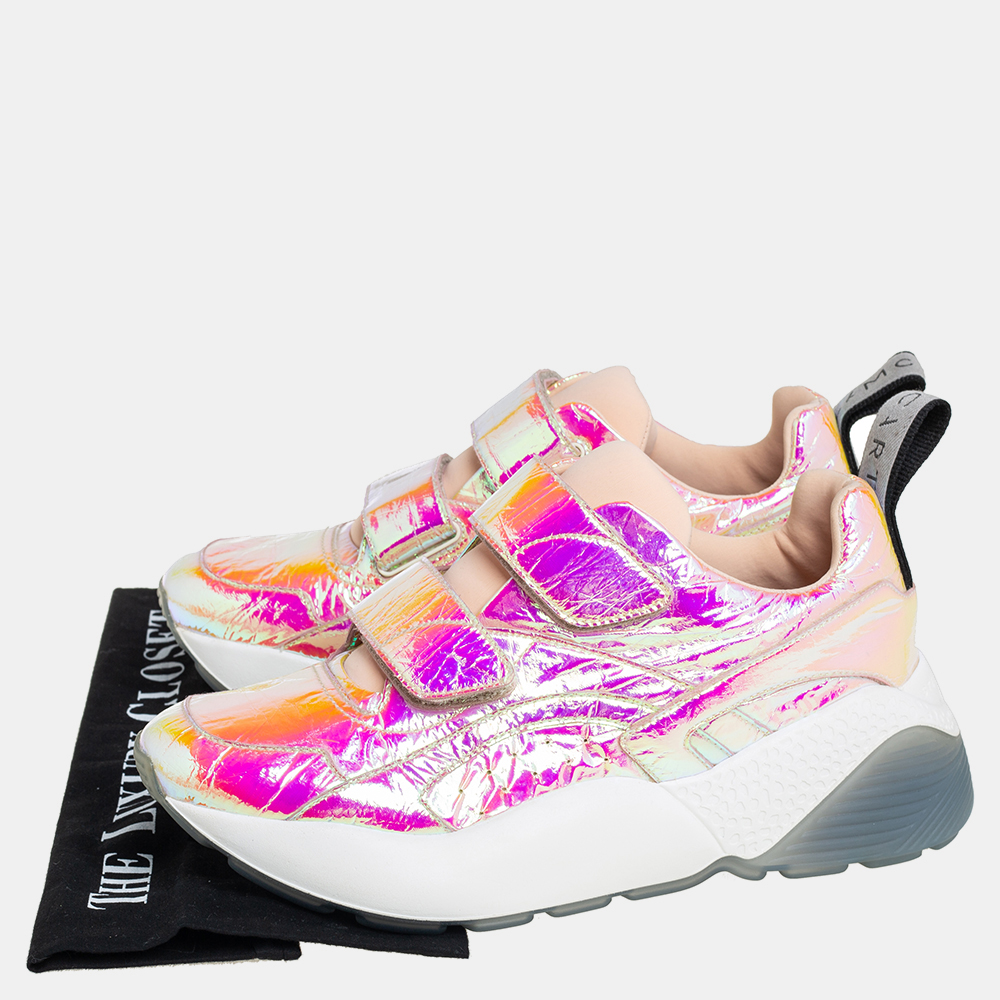 Stella McCartney Multicolor Holographic  Faux Leather Velcro Strap Sneakers Size 39 