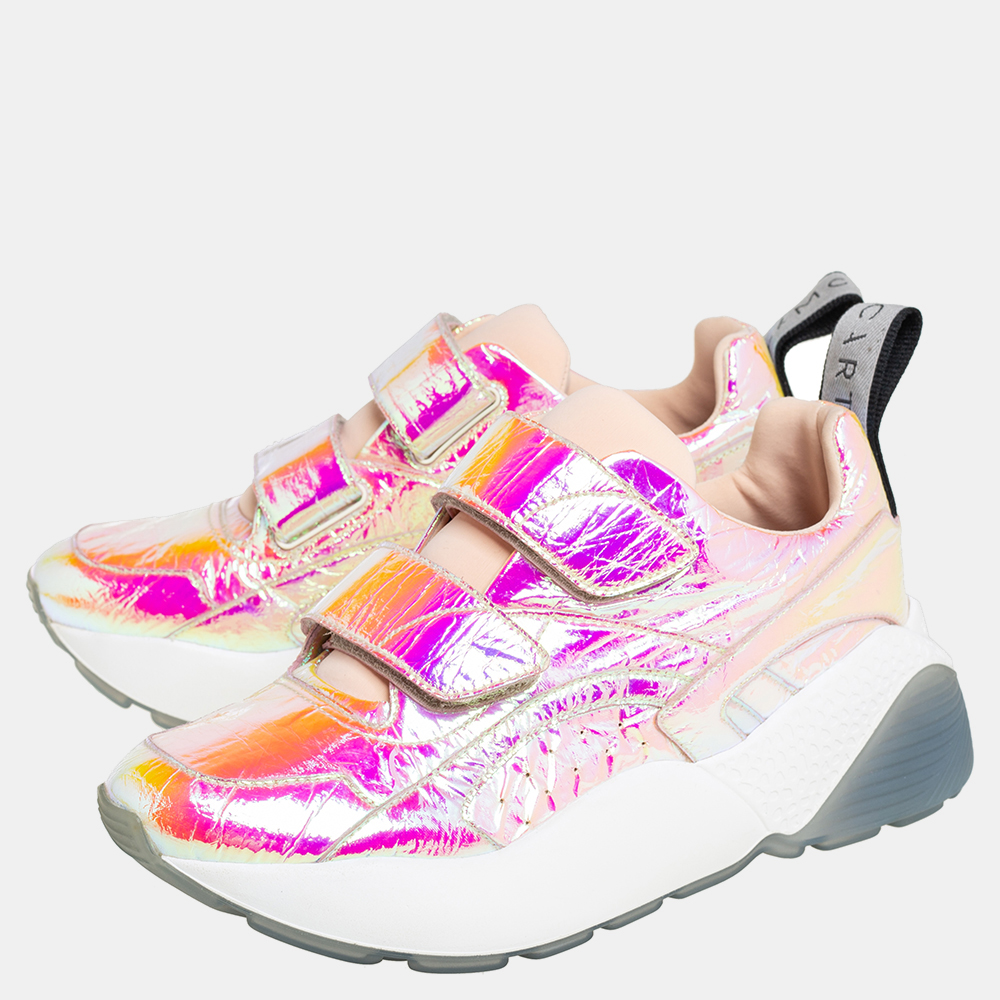 Stella McCartney Multicolor Holographic  Faux Leather Velcro Strap Sneakers Size 39 