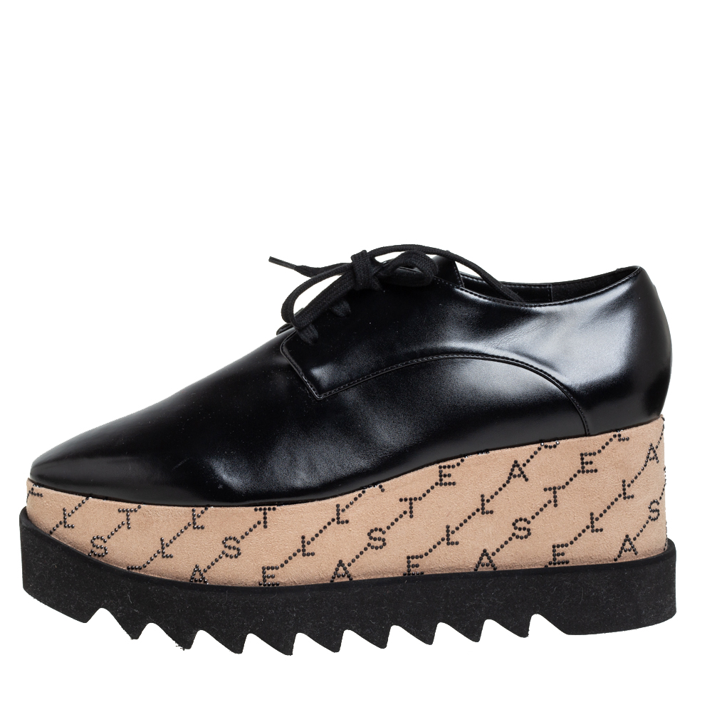 

Stella McCartney Black Faux Leather Monogram Elyse Platform Derby Sneakers Size