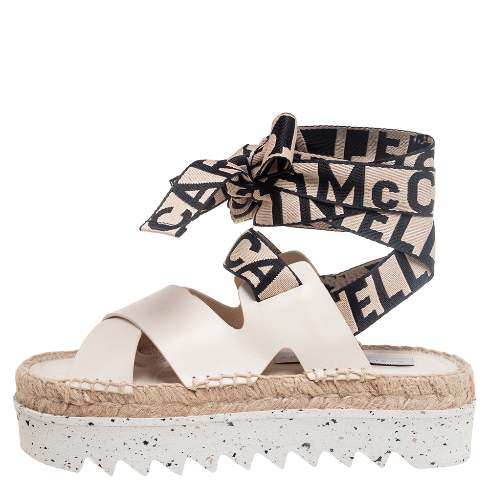 

Stella McCartney Cream Faux Leather Gaia Ankle Wrap Espadrille Sandals Size