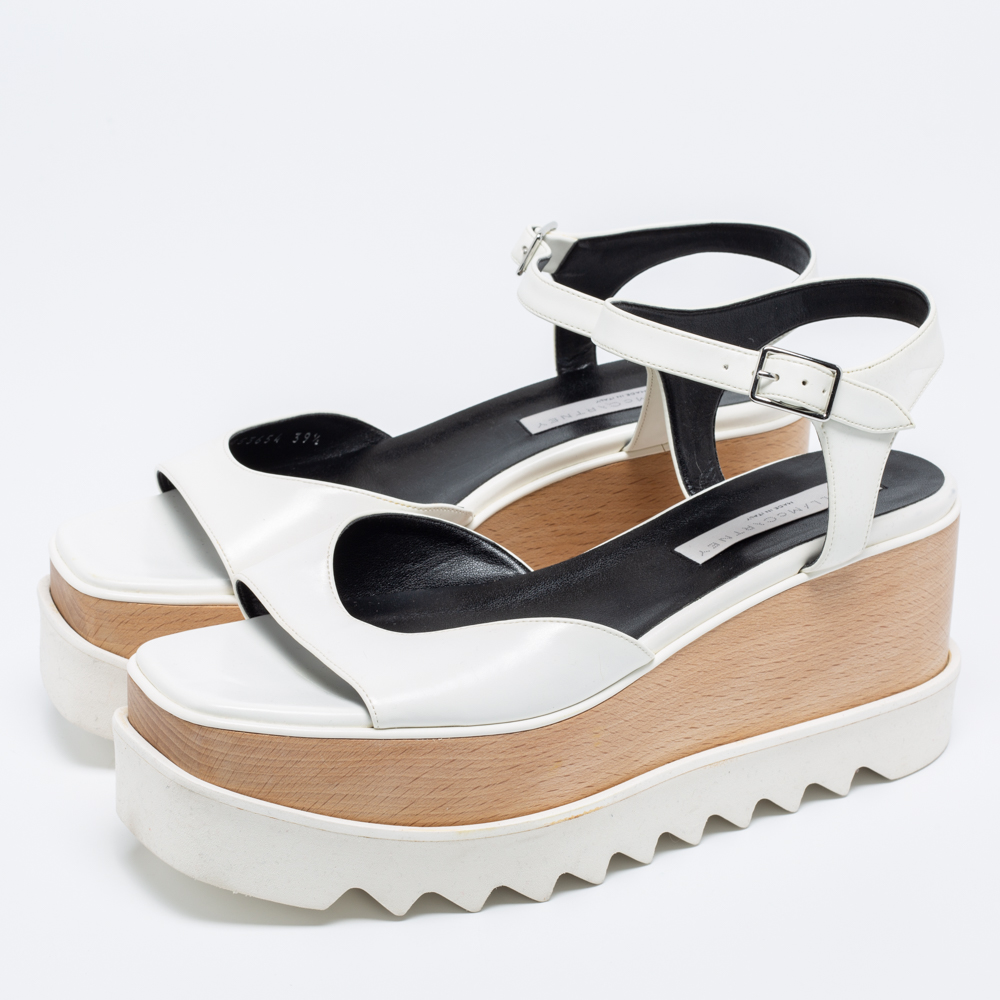 

Stella McCartney White Faux Leather Ankle Strap Wedge Sandals Size