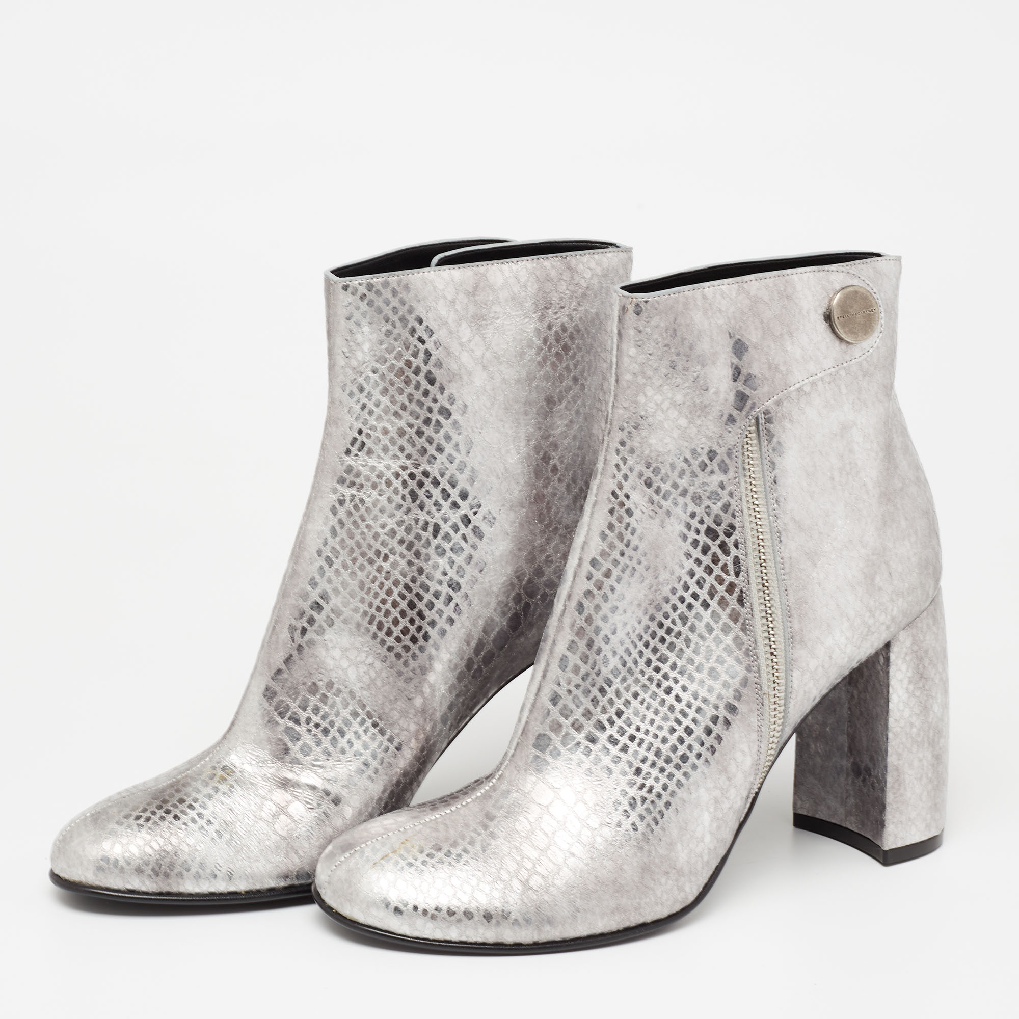 

Stella McCartney Metallic Silver Python Embossed Faux Leather Ankle Boots Size, Grey