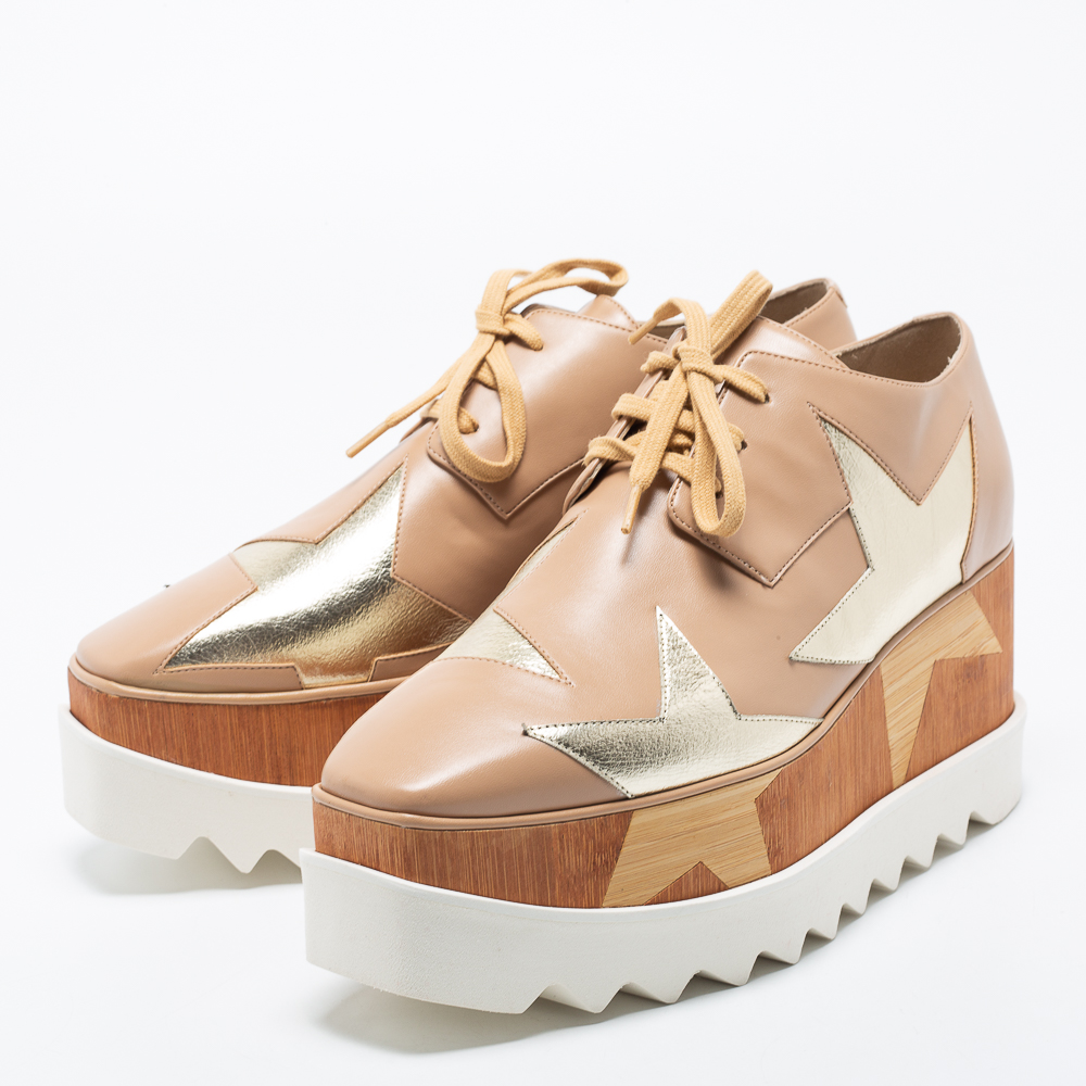 

Stella McCartney Beige Faux Leather And Wood Elyse 80MM Platform Sneakers Size