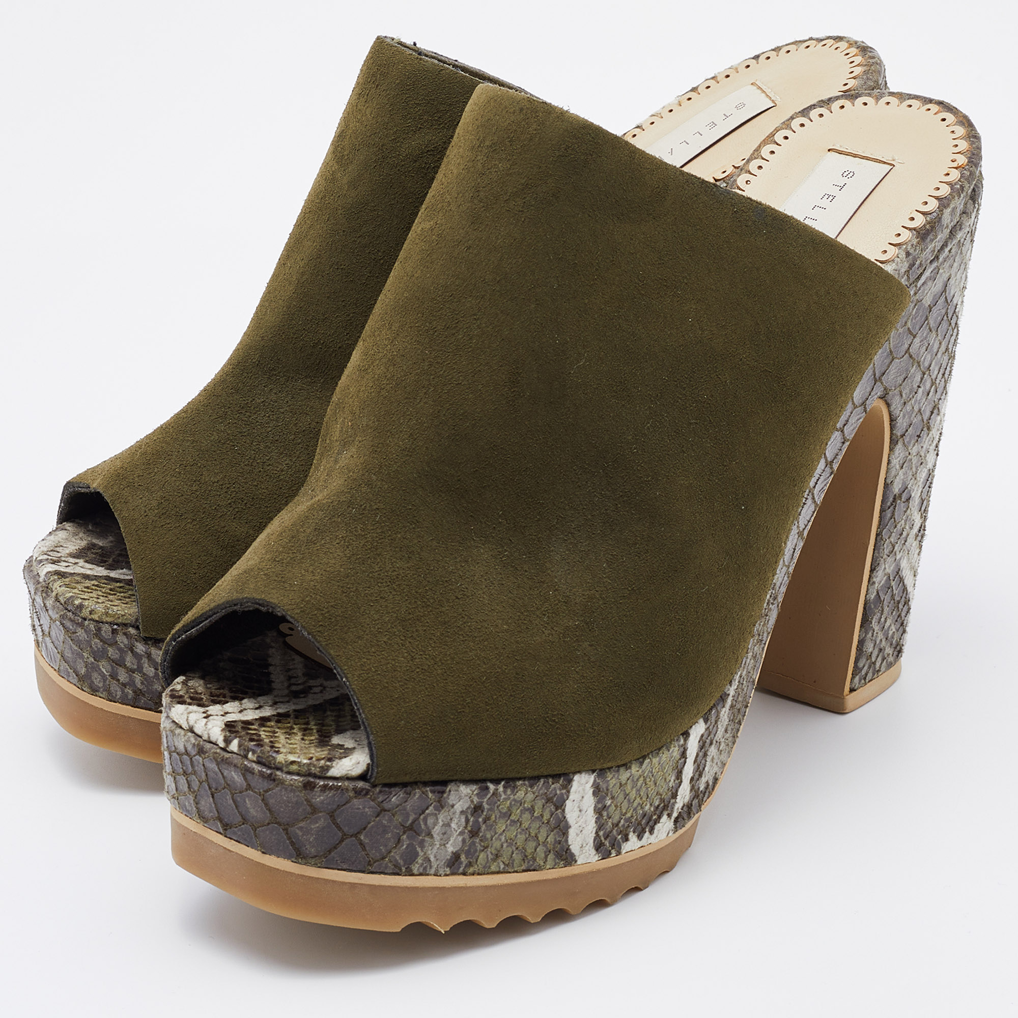 

Stella McCartney Olive Green Faux Suede Platform Mules Size