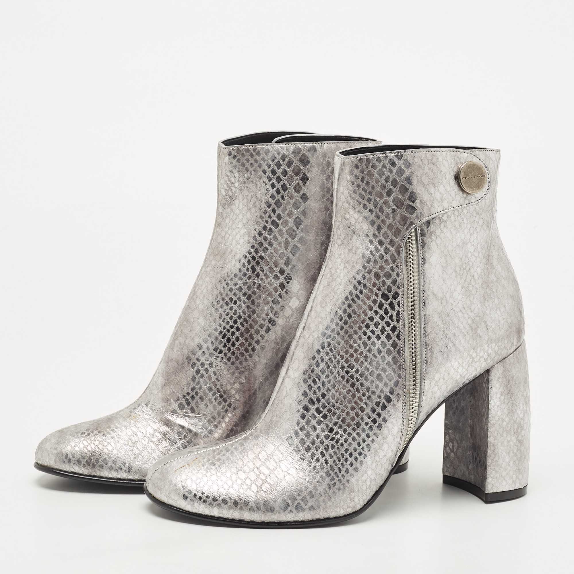 

Stella McCartney Metallic Silver Python Embossed Faux Leather Ankle Boots Size