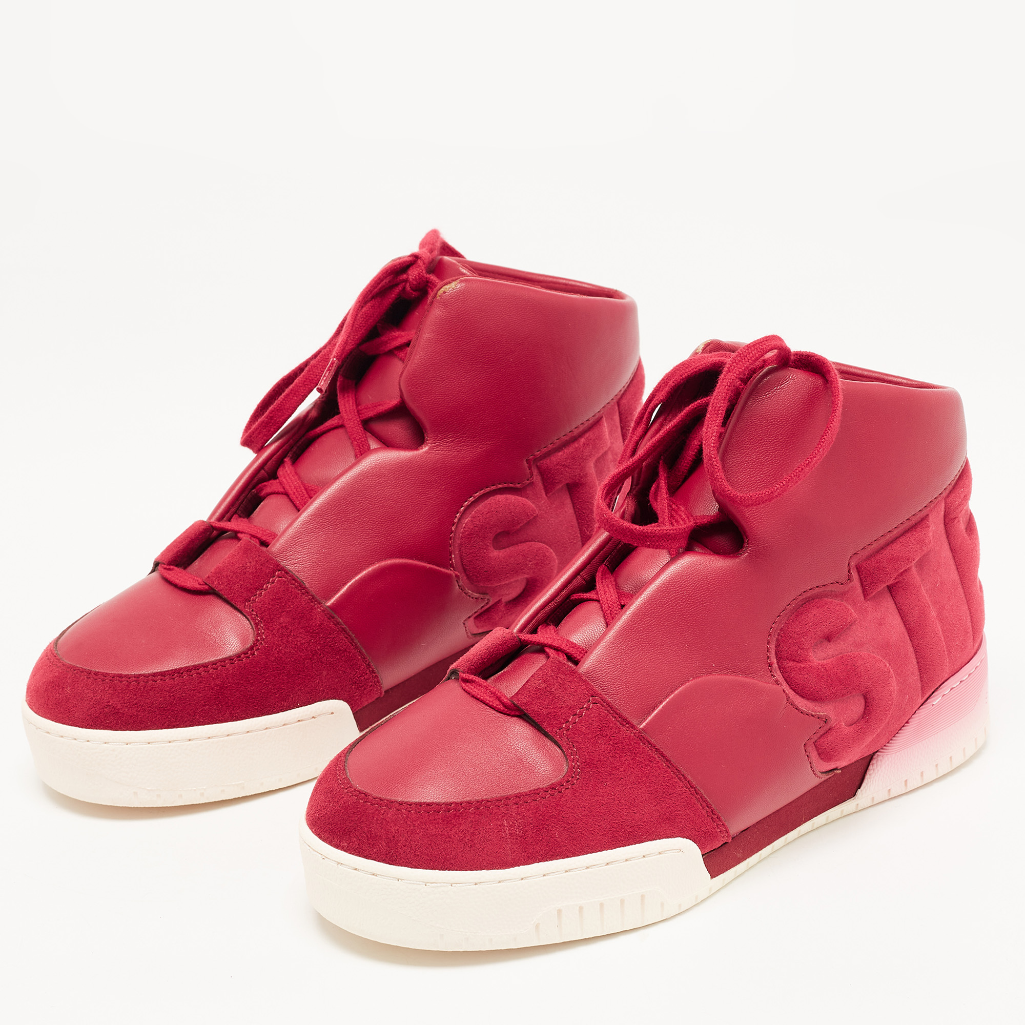 

Stella McCartney Red Faux Leather and Faux Suede High Top Sneakers Size