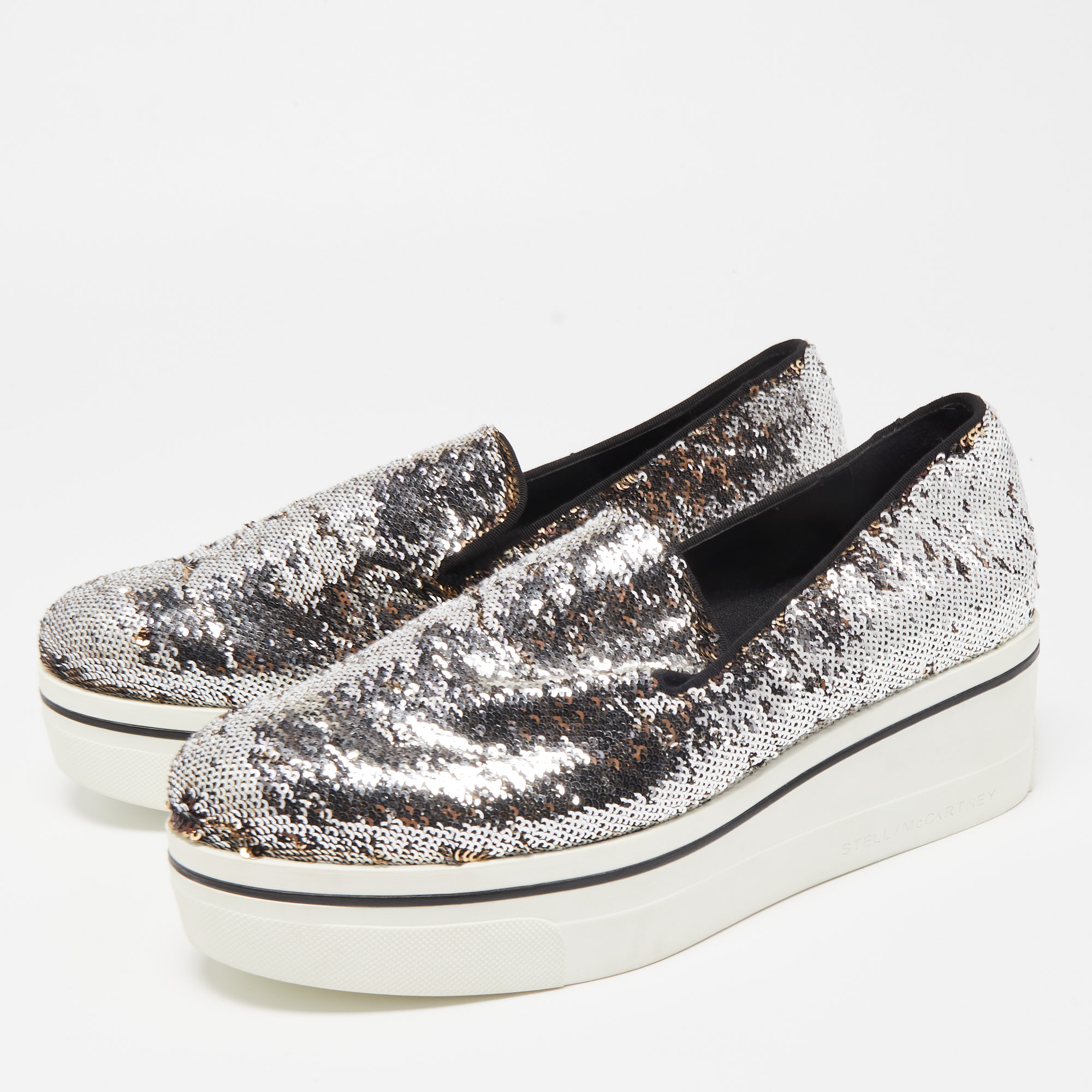 

Stella McCartney Silver Sequin Binx Platform Slip On Sneakers Size