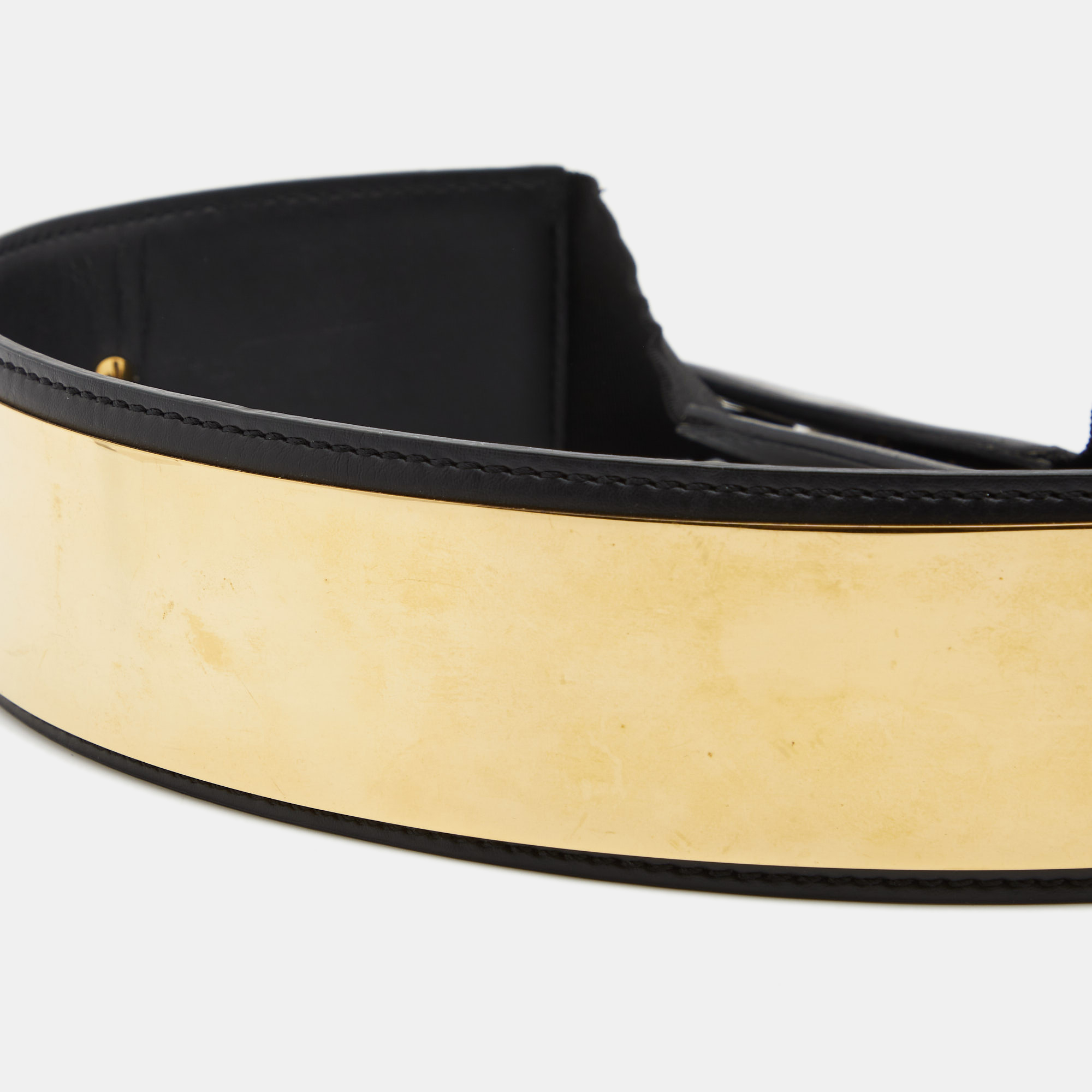 

Stella McCartney Black Faux Leather Gold Tone Metal Plate Waist Belt