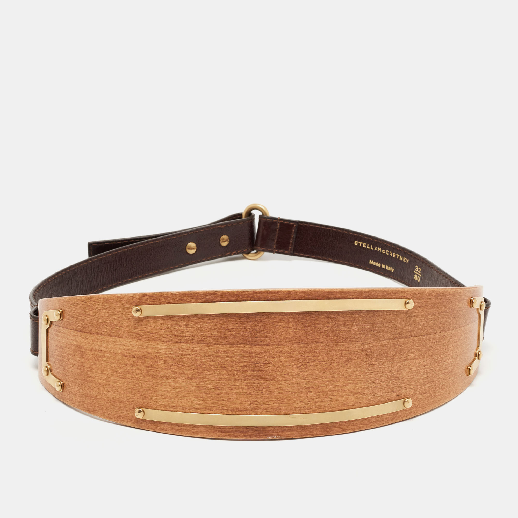 

Stella McCartney Dark Brown Faux Leather and Wood Wide Belt