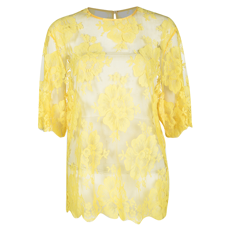 Stella McCartney Yellow Floral Lace Scalloped Edge Sheer Top M