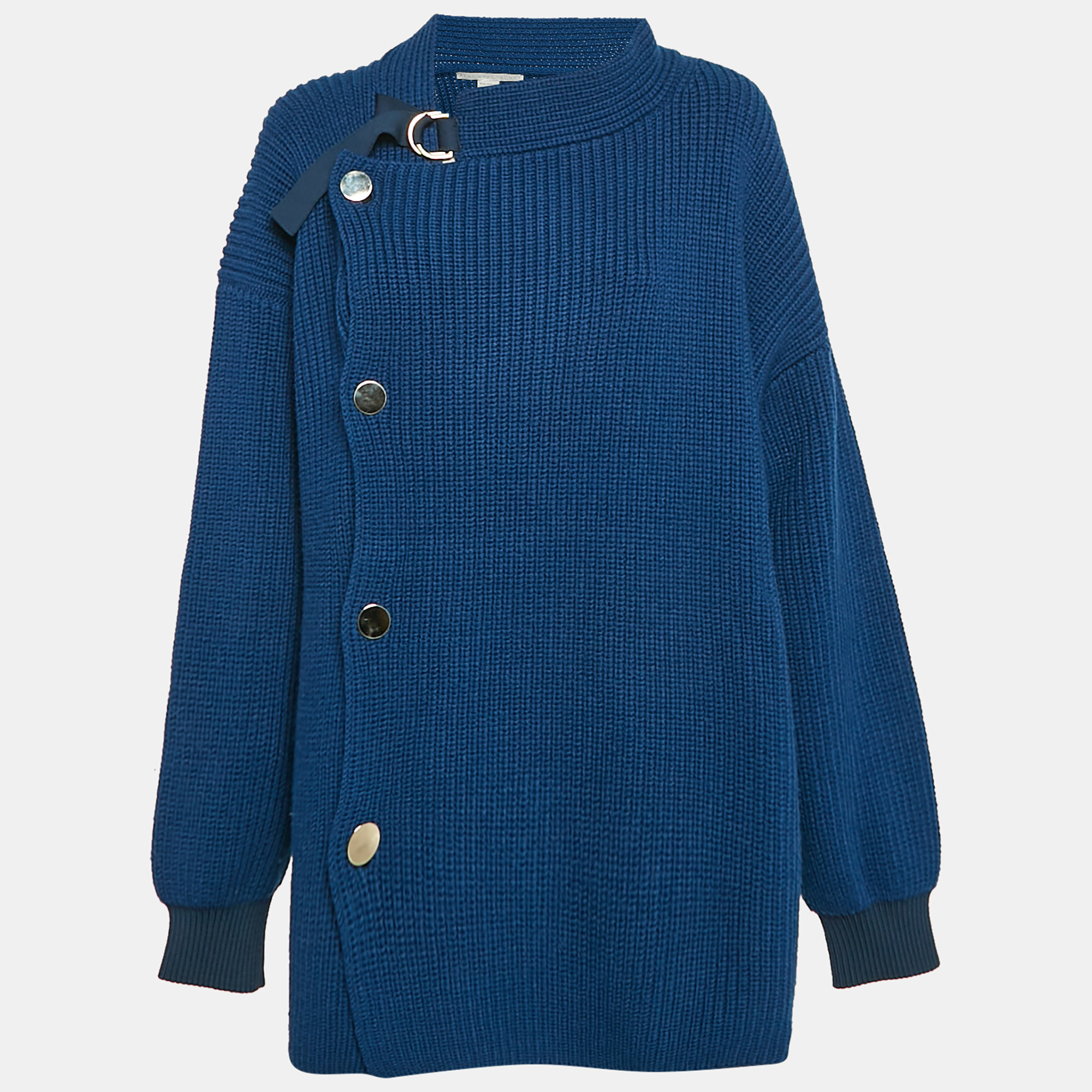 

Stella McCartney Blue Rib Knit Asymmetrical Button Oversized Sweater M