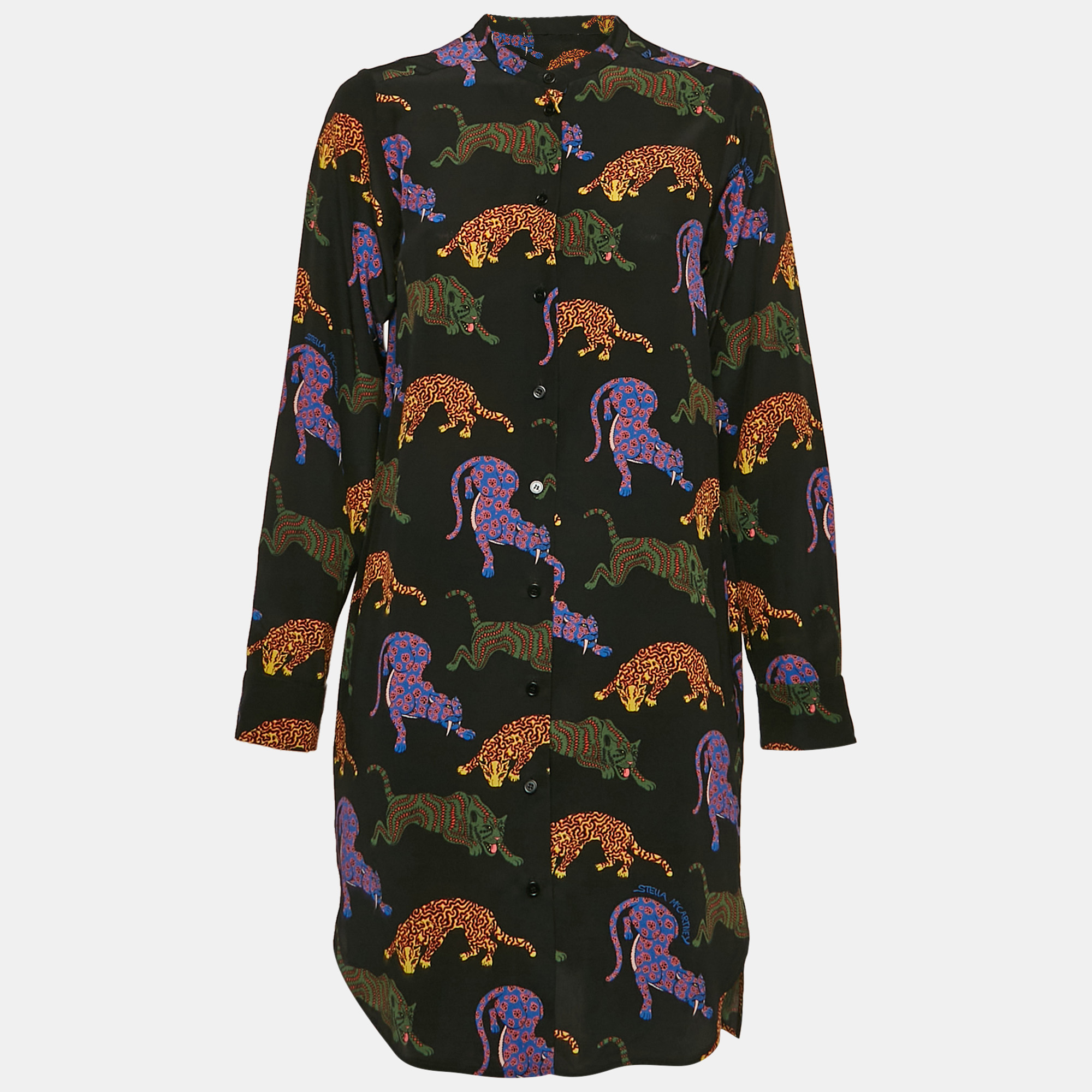 

Stella McCartney Black Cats Print Silk Shirt Dress XS