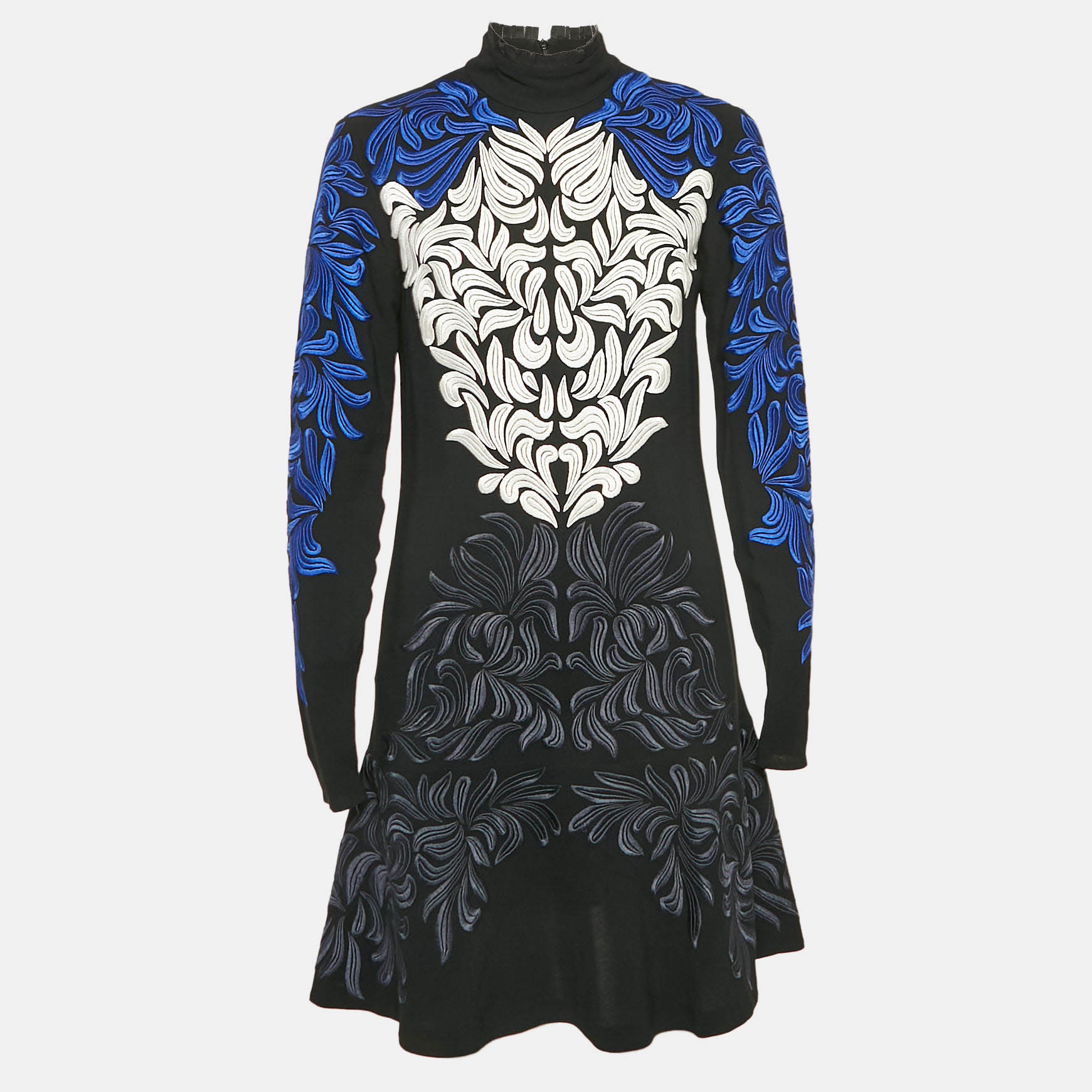 

Stella McCartney Black/ Blue Embroidered Crepe Flounce Mini Dress S