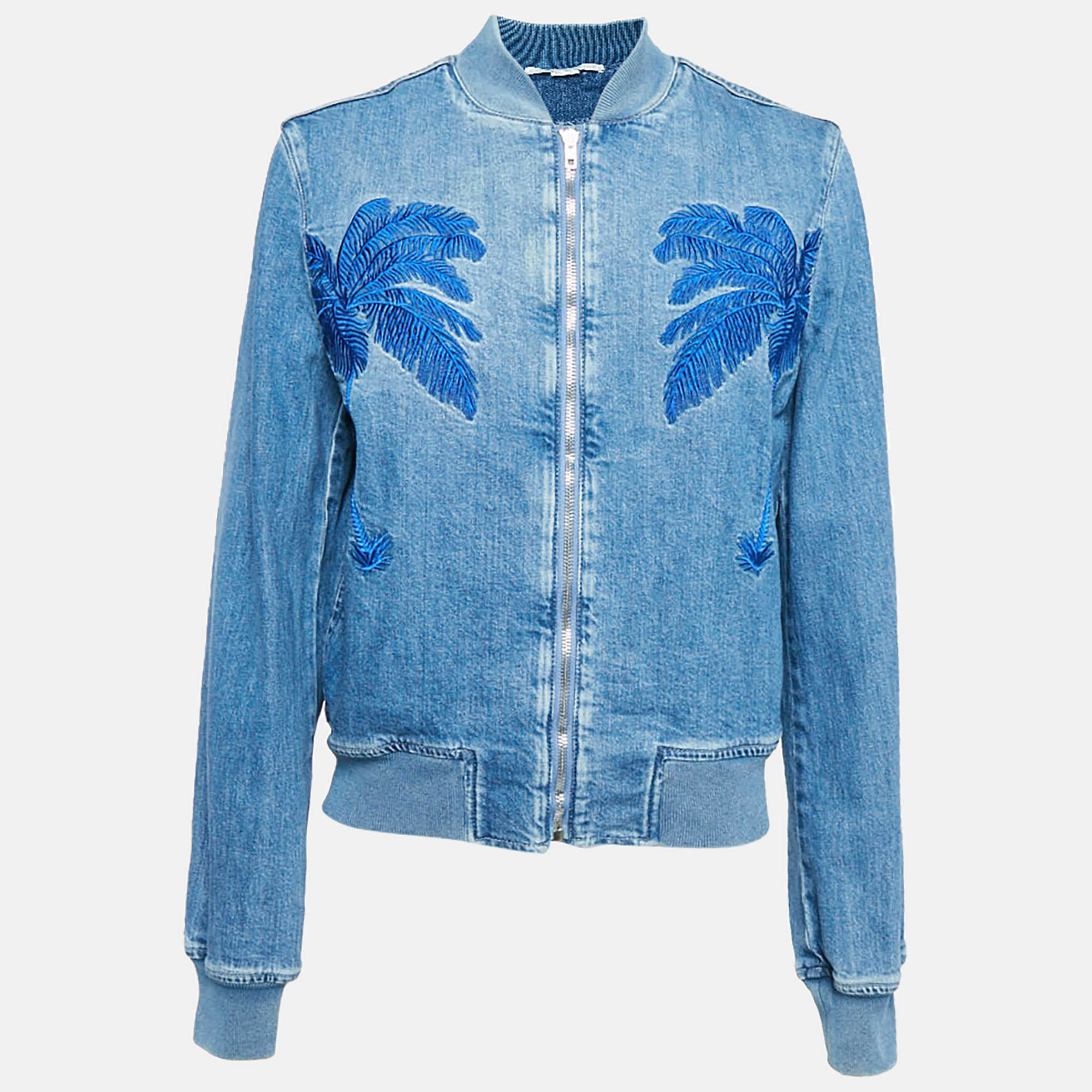 

Stella McCartney Blue Palm Tree Embroidered Denim Zip-Up Jacket M