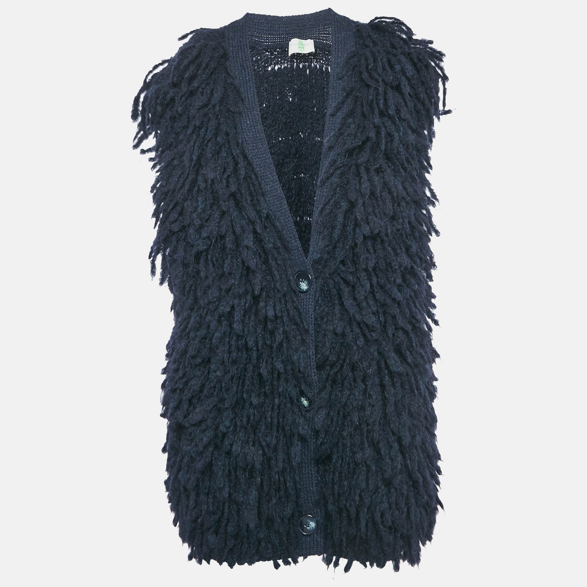 

Stella McCartney Navy Blue Wool Fringed Sleeveless Cardigan S