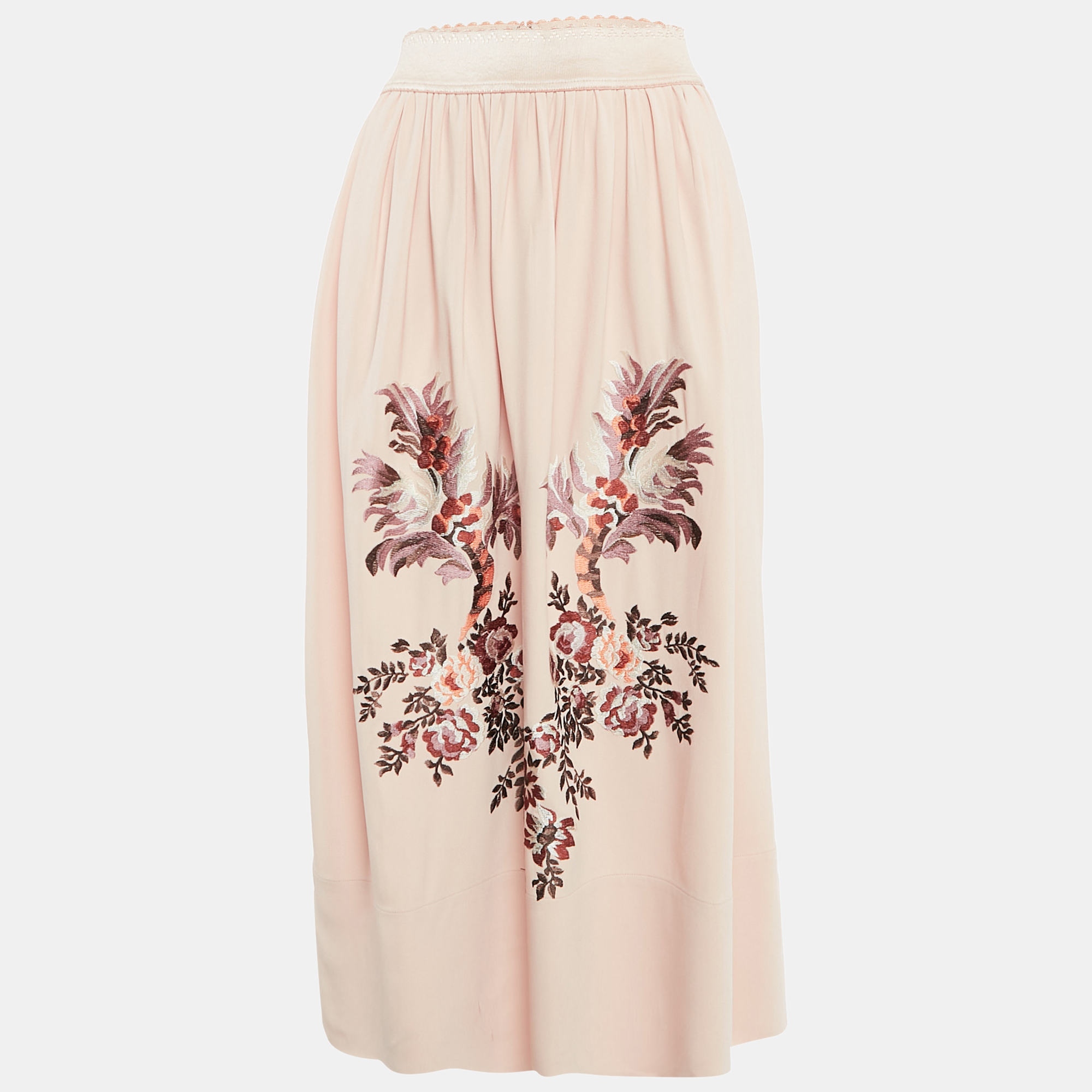 

Stella McCartney Pink Floral Embroidered Crepe Gathered Midi Skirt XS