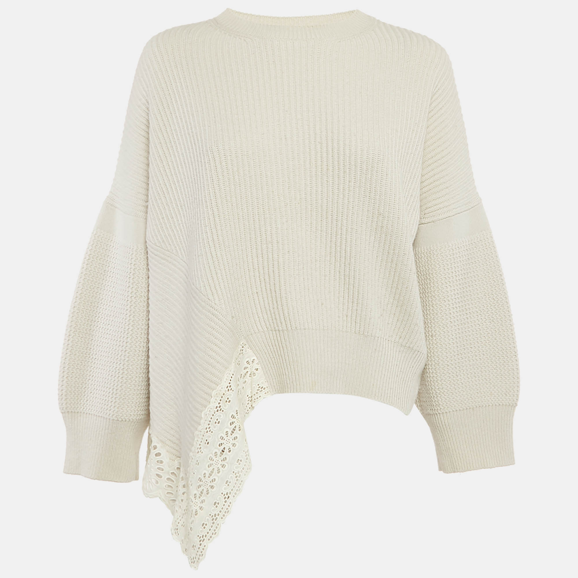 

Stella McCartney Light Grey Lace Trim Rib Knit Asymmetric Sweater S, Cream