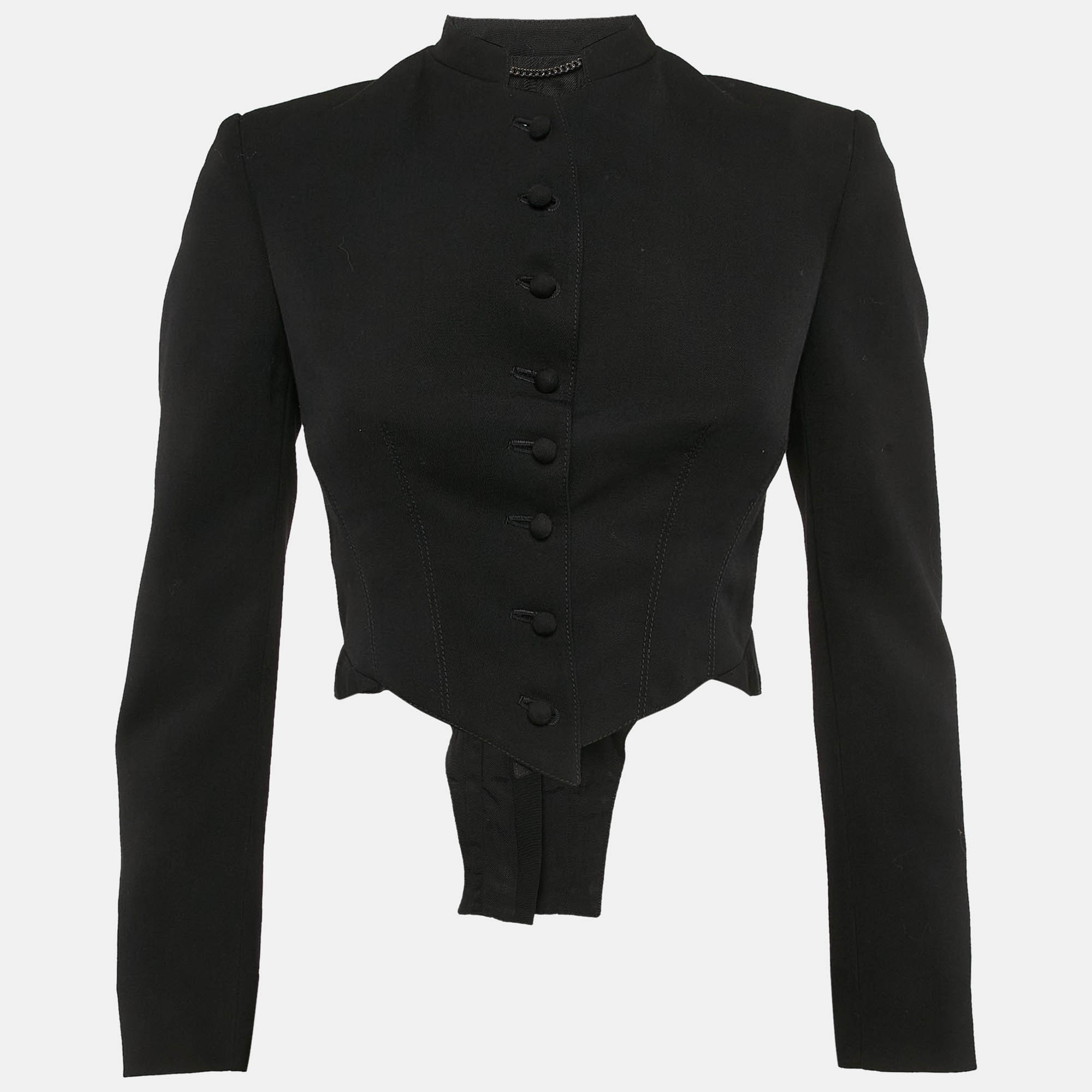 

Stella McCartney Black Gabardine Microtails Crop Wool Jacket M