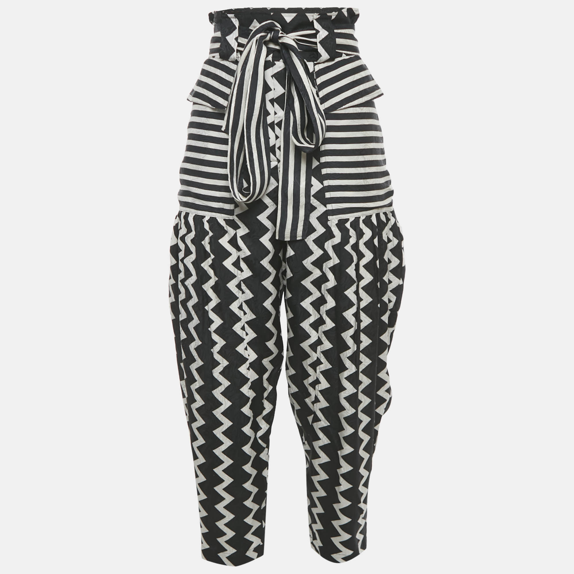 Pre-owned Stella Mccartney Black/white Striped Jacquard Silk Belted Trousers S