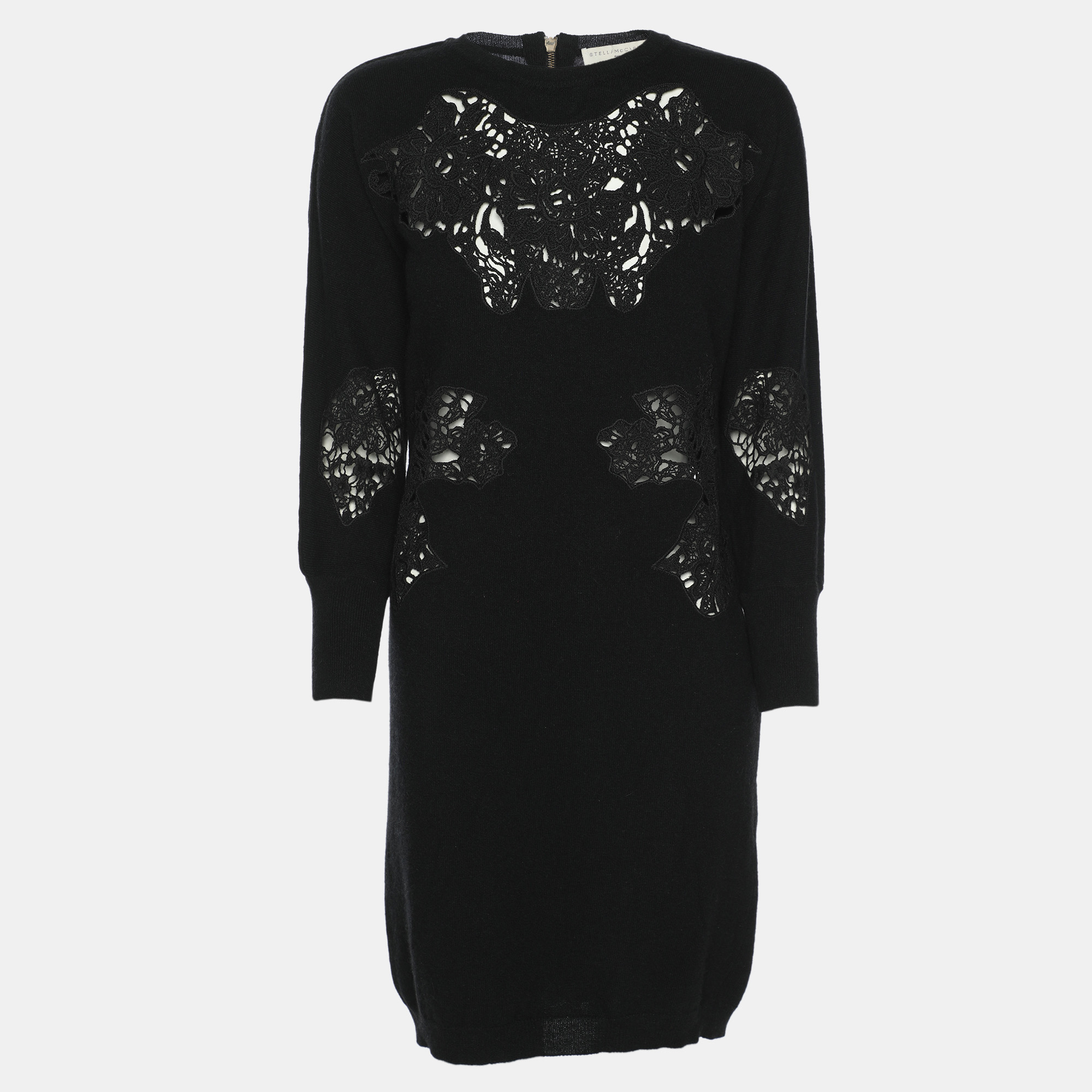 

Stella McCartney Black Wool Knit Floral Embroidered Dress M