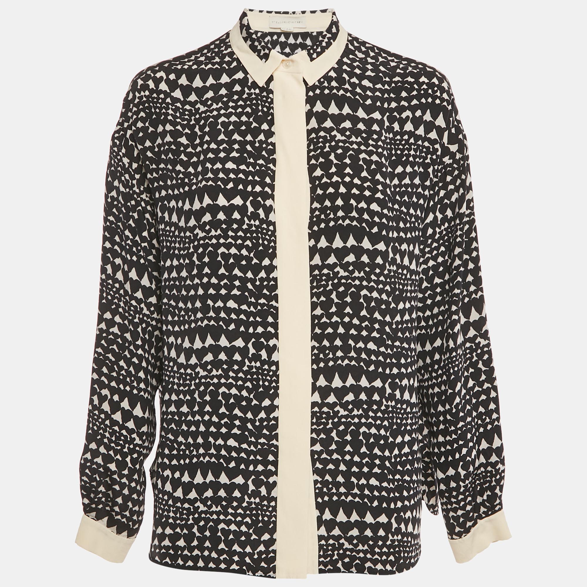 Pre-owned Stella Mccartney Monochrome Heart Print Silk Full Sleeves Blouse S In Black