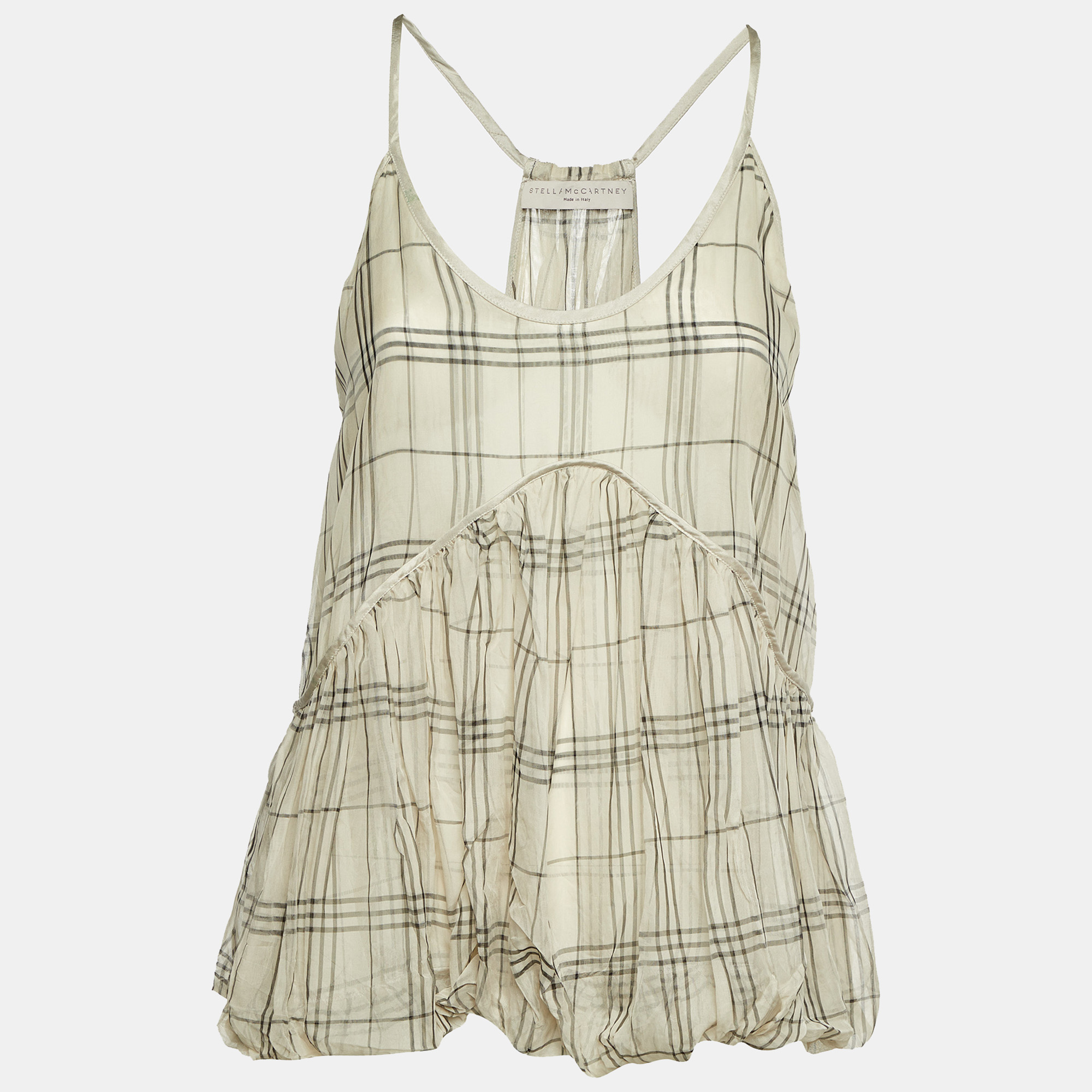 Pre-owned Stella Mccartney Cream Check Print Sheer Silk Camisole Top M In White