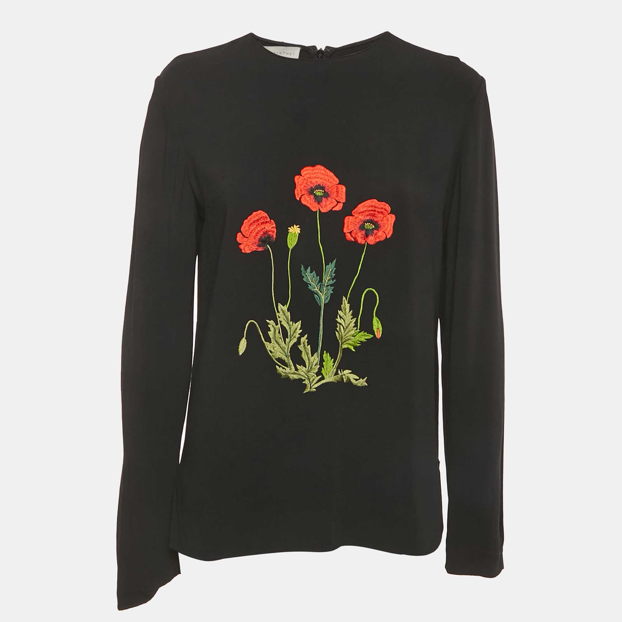 

Stella McCartney Black Floral Embroidered Crepe Blouse S